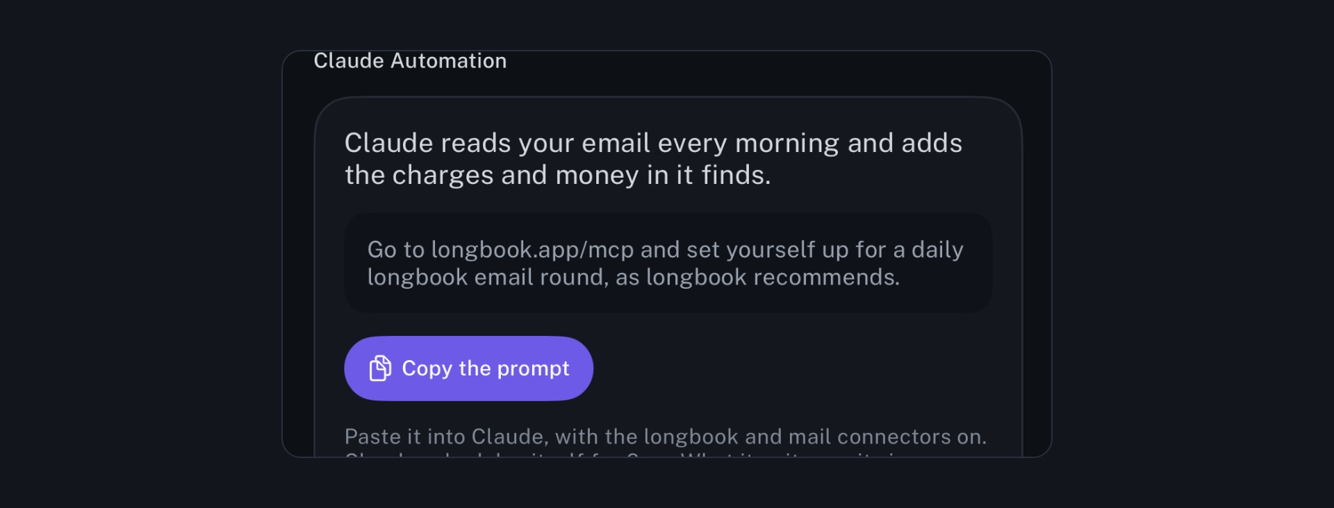 The Claude Automation card on longbook's iPhone Automations screen, with its one-line prompt and a Copy the prompt button