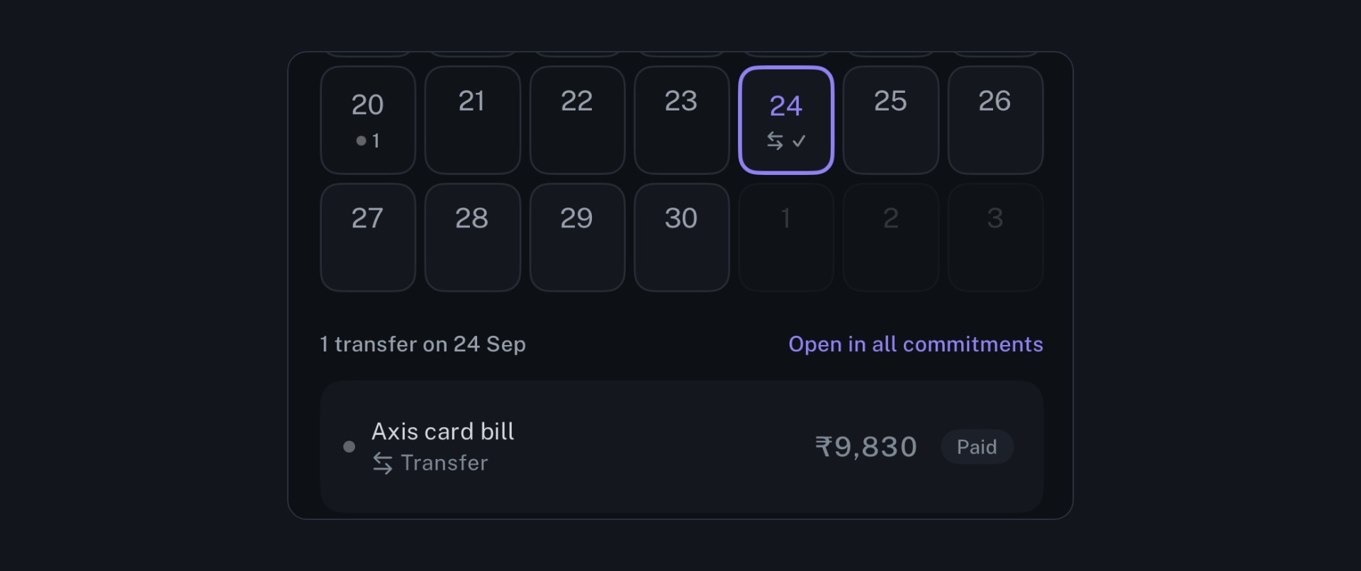 Part of longbook's iPhone Calendar for September 2026, with the 24th selected and a card bill of 9,830 rupees listed as a paid transfer