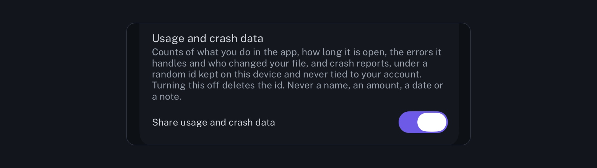 The Usage and crash data entry in longbook's Help and about screen, with its explanation and the Share usage and crash data switch