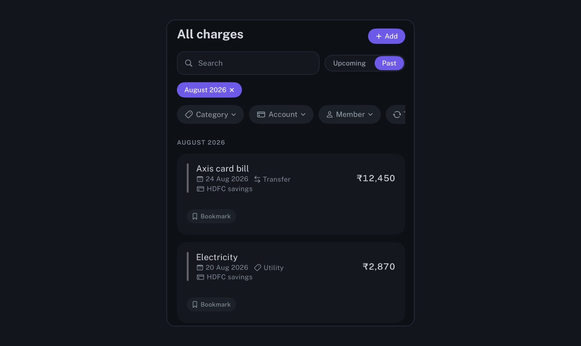 longbook's iPhone All charges screen for August 2026, with a search box, an Upcoming and Past switch, filters and the Axis card bill and Electricity charges