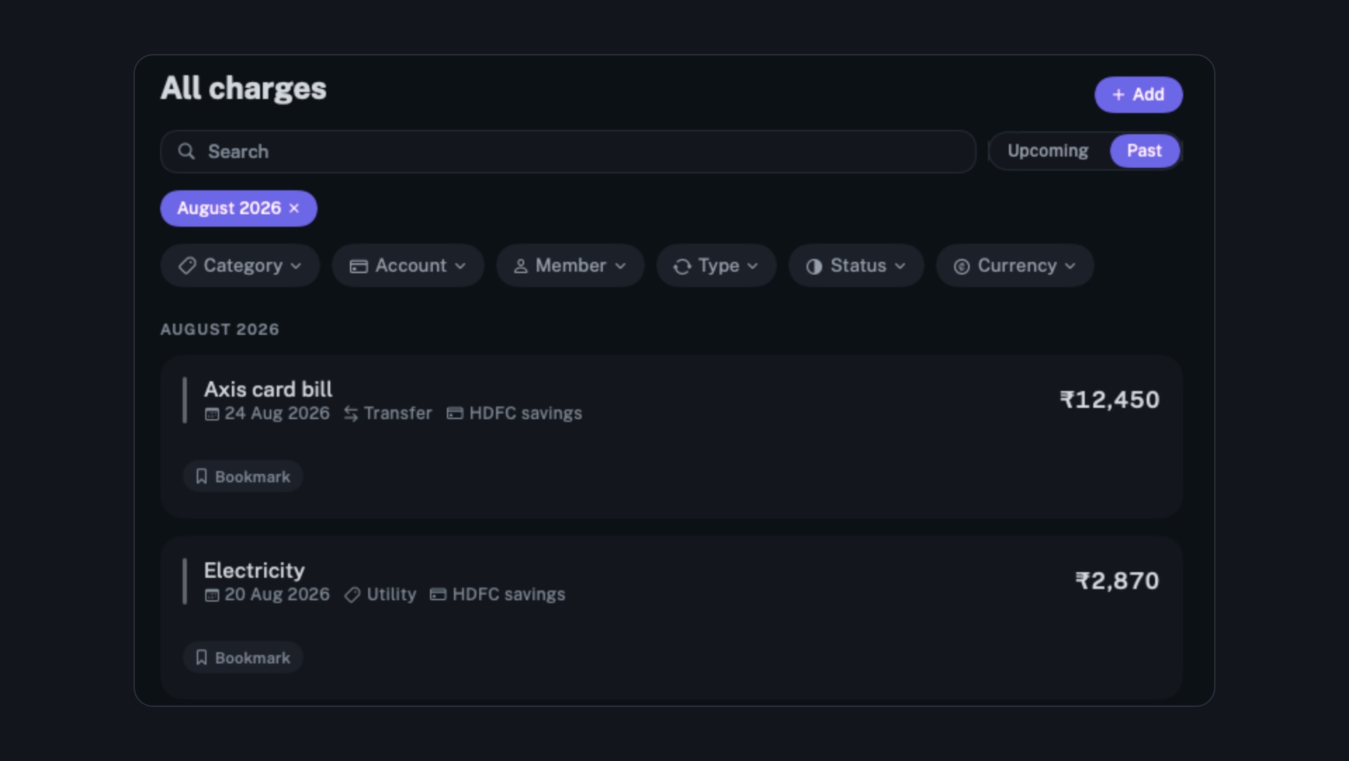 longbook's Mac All charges screen for August 2026, with a search box, an Upcoming and Past switch, filters for category, account, member, type, status and currency, and the Axis card bill and Electricity charges