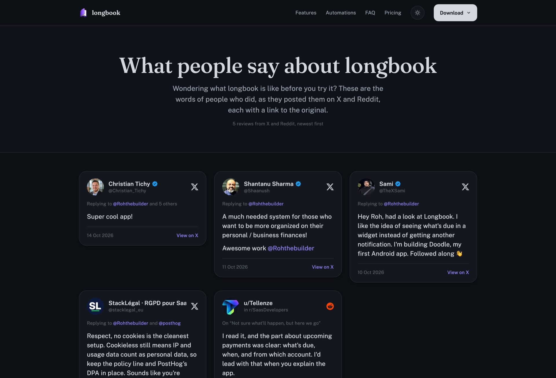 The reviews page on longbook.app: the longbook header, the heading What people say about longbook, a line saying 5 reviews from X and Reddit, newest first, and the first three reviews in longbook's own cards