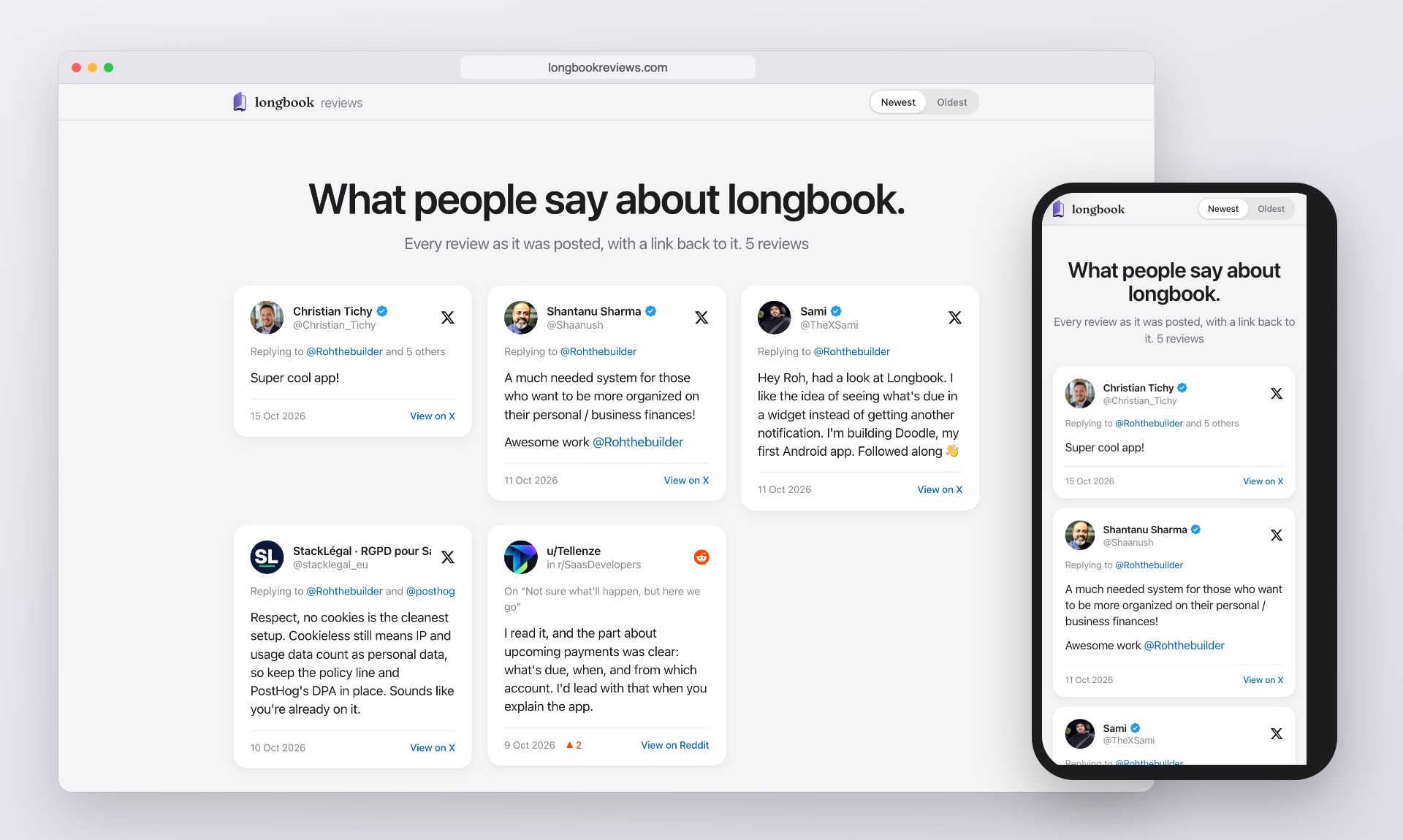 The longbookreviews.com page on a Mac and an iPhone: the longbook logo, the heading What people say about longbook, and five reviews from X and Reddit, each with the person's picture, name, date and a link back