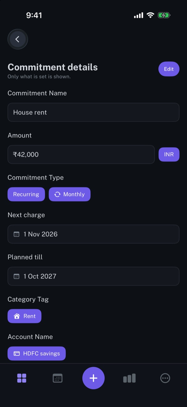 longbook's iPhone commitment detail screen, with read-only values drawn as text fields