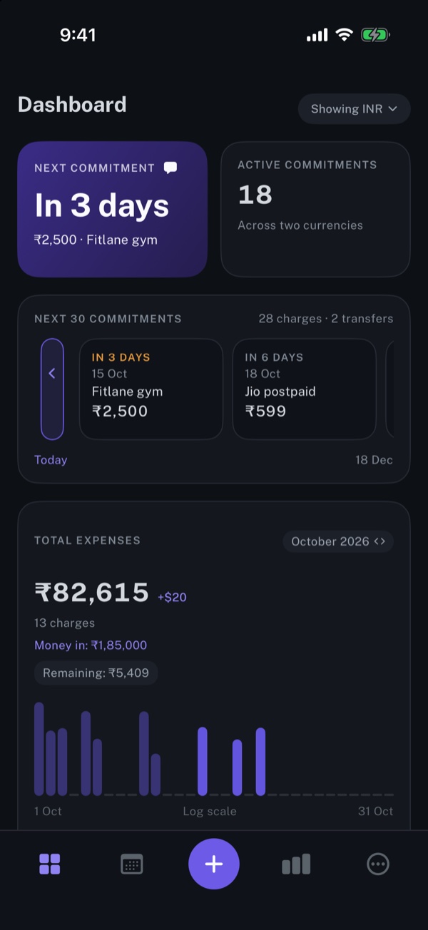 longbook's iPhone dashboard with the next payment, upcoming payments and an expenses card