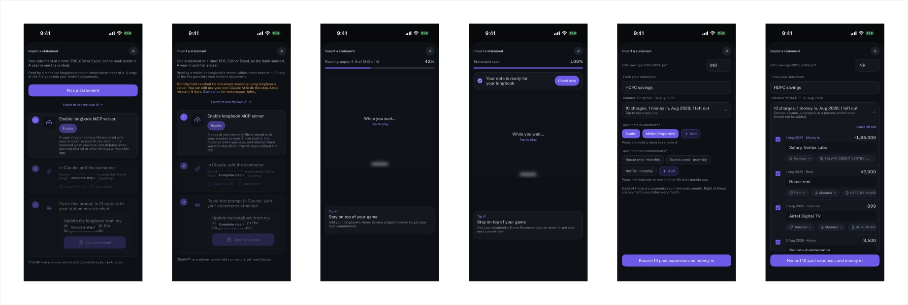 A Figma section of longbook's iPhone screens laid out in order, one frame per step of a flow