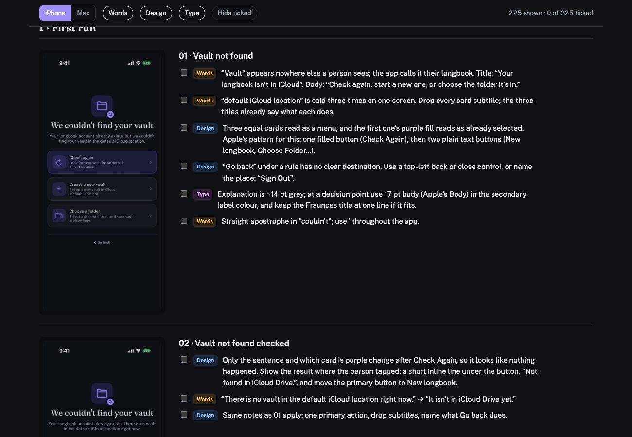 The review doc: a longbook screenshot on the left, and Claude's comments on the right, each tagged Words, Design or Type, with filters and a checkbox per comment