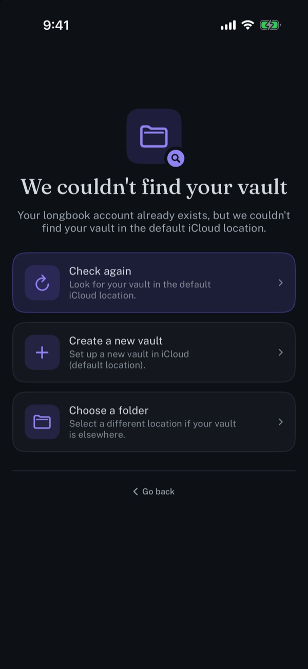 longbook's iPhone screen titled "We couldn't find your vault", with three option cards and a Go back link
