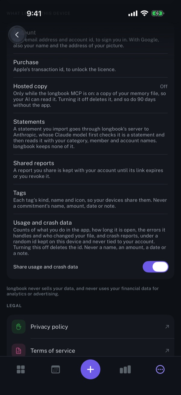 longbook's Help and about screen, showing what leaves the device: account, purchase, hosted copy, statements, shared reports, tags and usage data