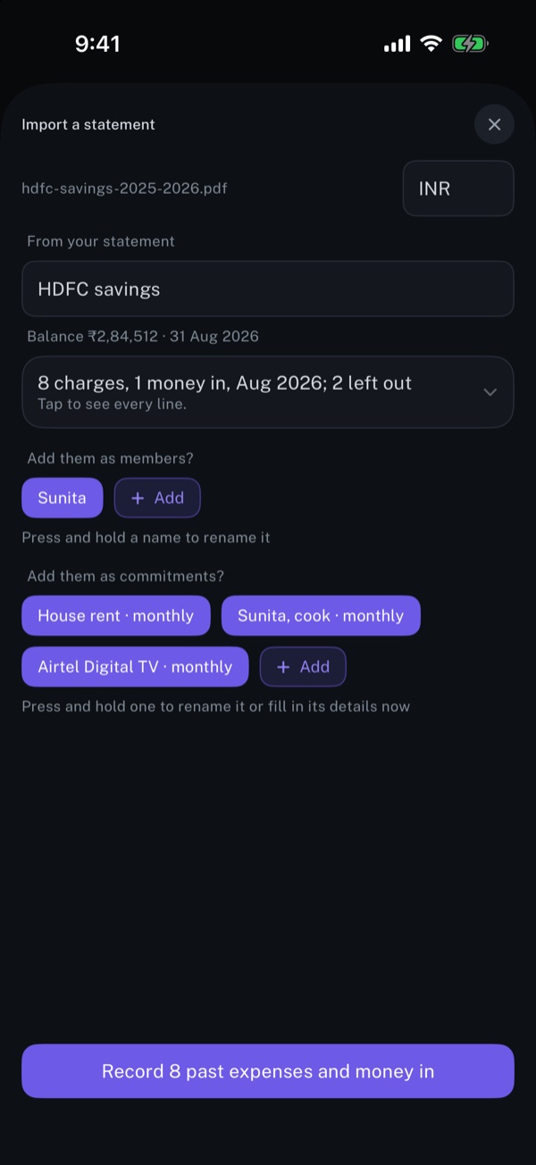 longbook's iPhone review after a statement is read: the account, its balance, eight charges, a member and three repeating payments, and a button to record them