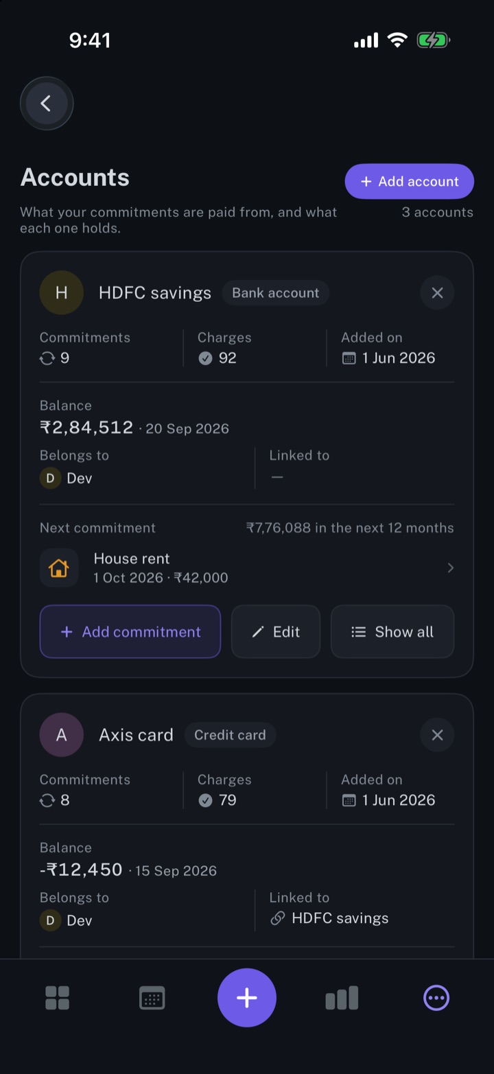 The Accounts screen of longbook on iPhone: a bank account and a credit card, each with its balance, owner, linked account and next commitment.