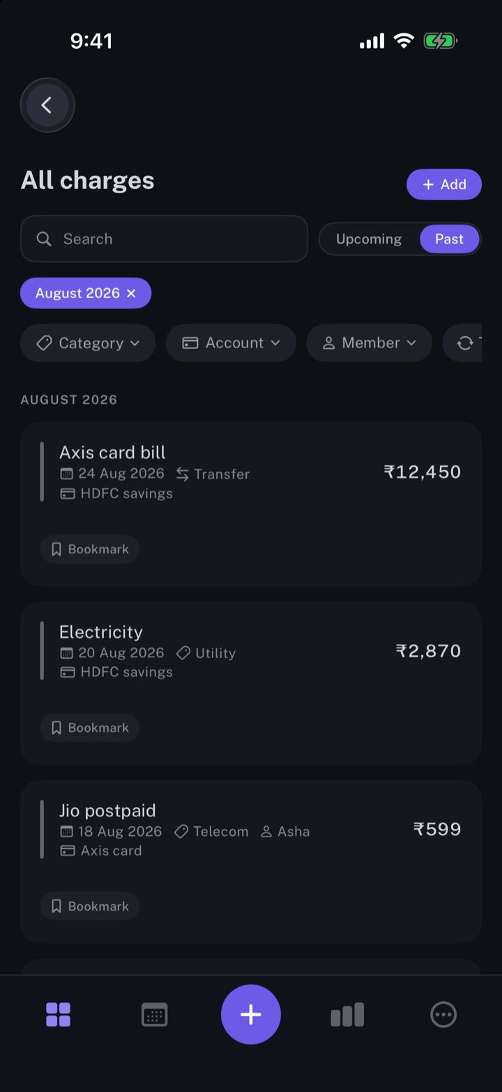 The All charges screen of longbook on iPhone for August 2026: each charge made that month with its date, category and account.