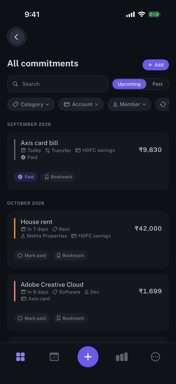 The All commitments screen of longbook on iPhone: every charge ahead, grouped by month, each with its amount, due date, category and account, and Mark paid and Bookmark buttons.