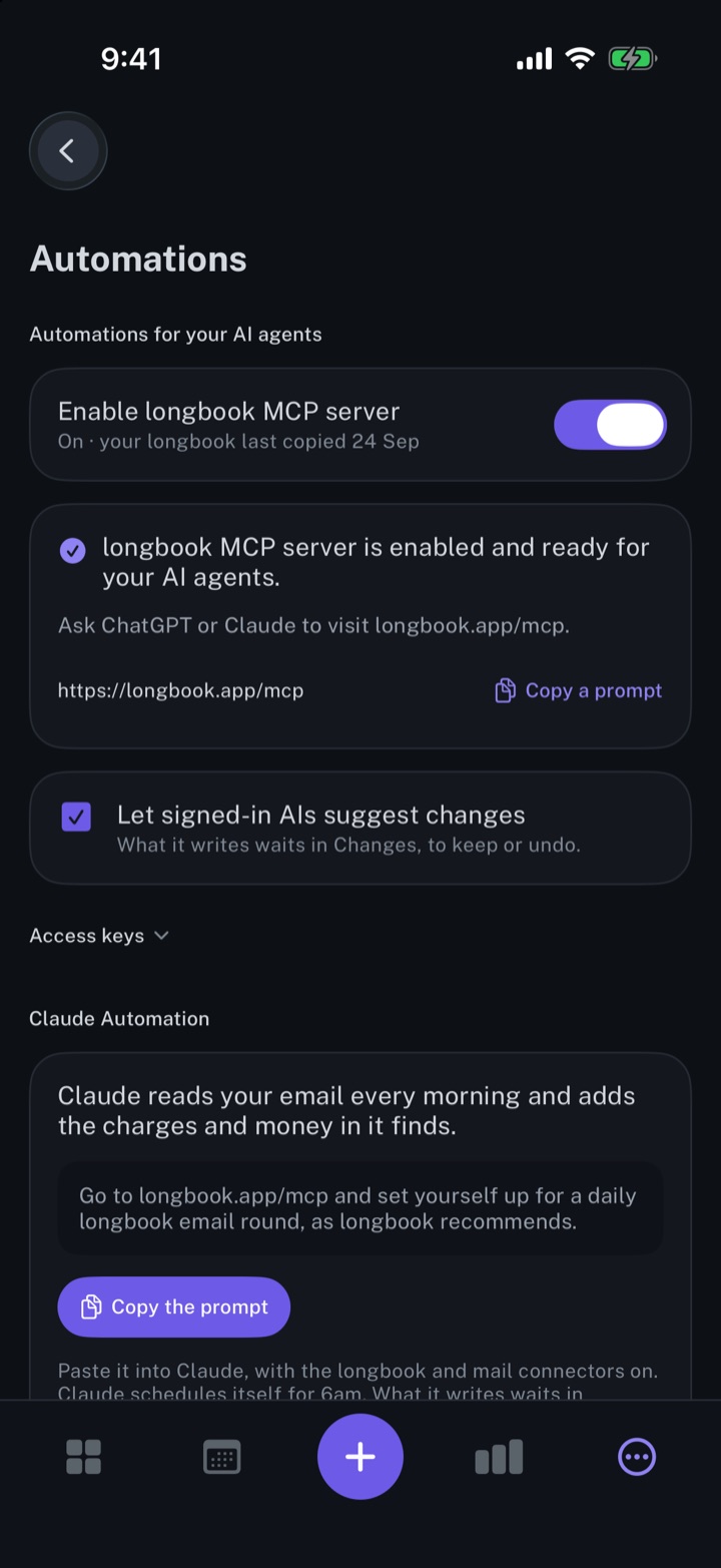 The Automations screen of longbook on iPhone: the longbook MCP server switched on, AI suggestions allowed, and the Claude email automation with its prompt.