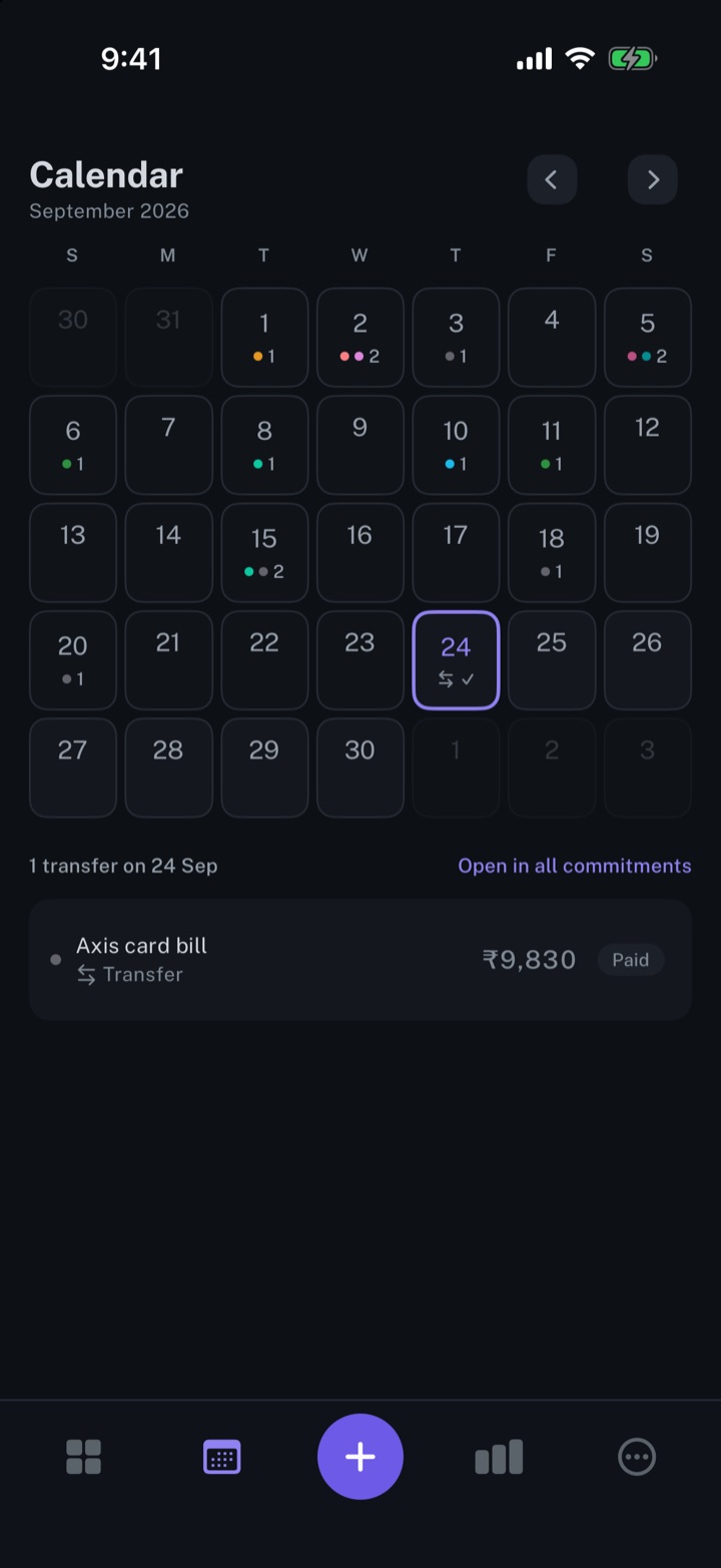 The Calendar of longbook on iPhone for September 2026: each day marked with its number of charges, and a transfer on the 24th.