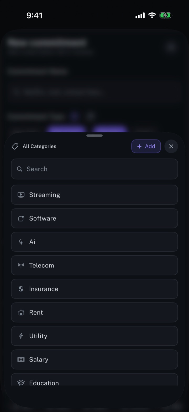 The category picker of longbook on iPhone: a searchable list of categories such as Streaming, Software, Telecom, Insurance, Rent and Education, with an Add button.
