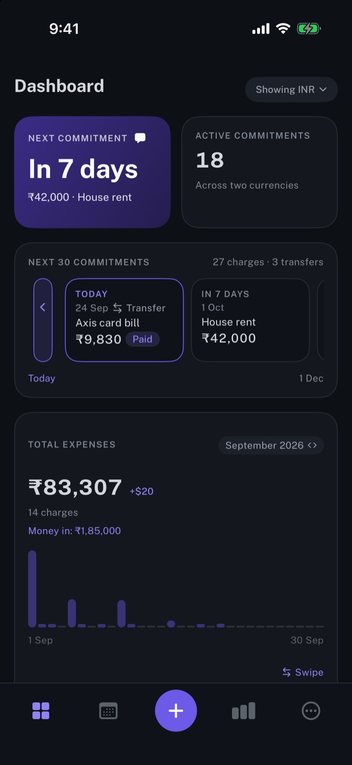 The longbook dashboard on iPhone: the next commitment, the number of active commitments, the next 30 commitments, and the month's total expenses with a chart by day.