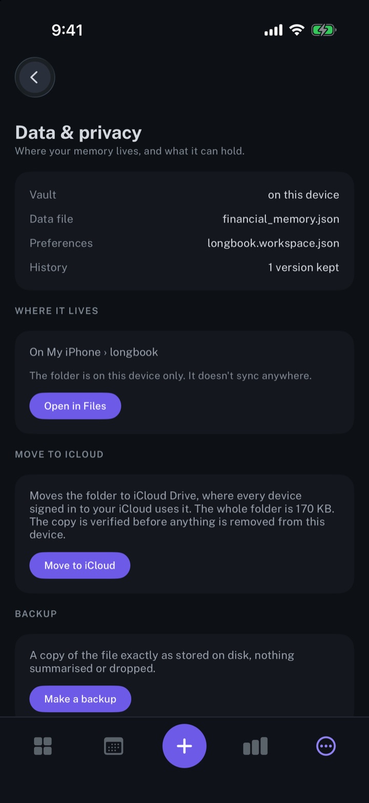 The Data & privacy settings of longbook on iPhone: the data file, where the folder lives, Move to iCloud and Make a backup.