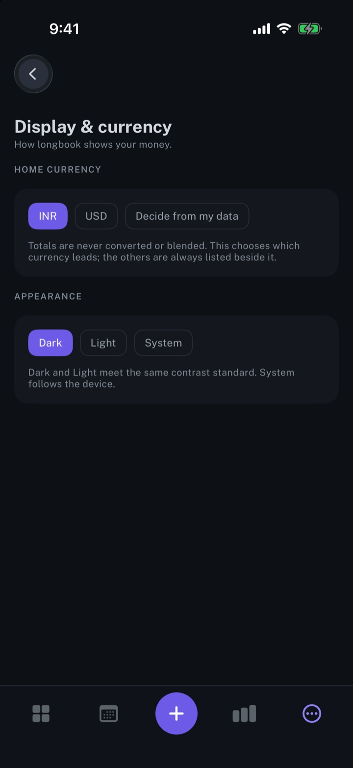 The Display & currency settings of longbook on iPhone: a home currency to choose from INR and USD, or decided from the data, and a choice of dark, light or system appearance.