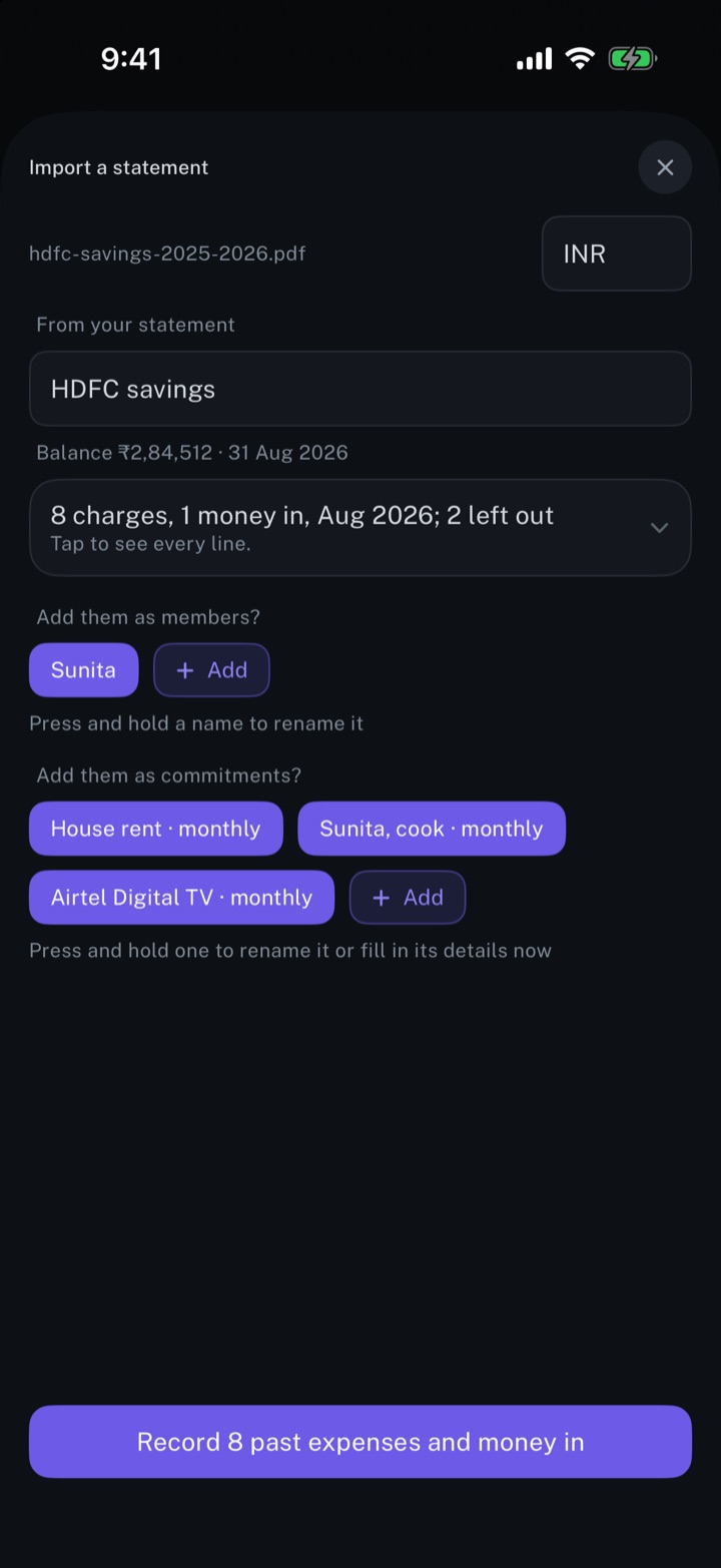 Importing a bank statement in longbook on iPhone: eight charges and one money in read from an August 2026 statement, with the person and the repeating payments found in it offered as a member and commitments.