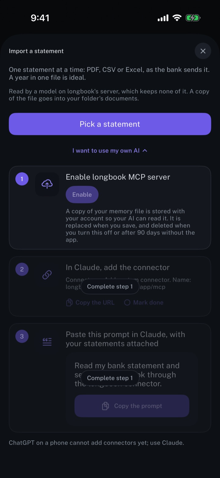 Importing a statement through Claude in longbook on iPhone: the steps to enable the longbook MCP server, add the connector in Claude and paste the prompt with the statements attached.