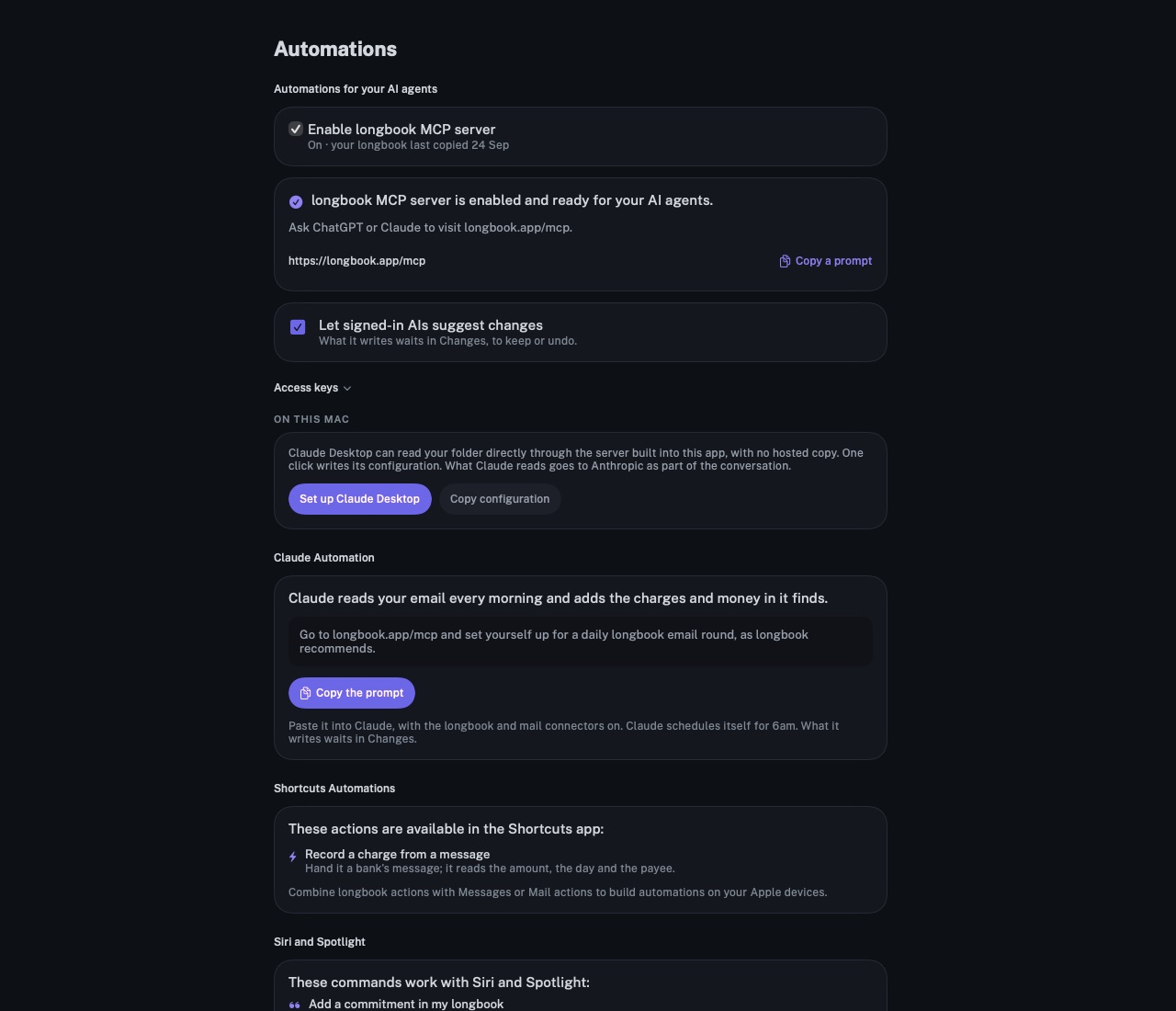 The Automations screen of longbook on Mac: the longbook MCP server switched on, the Claude email automation, the Shortcuts action for bank messages, and the Siri and Spotlight commands.