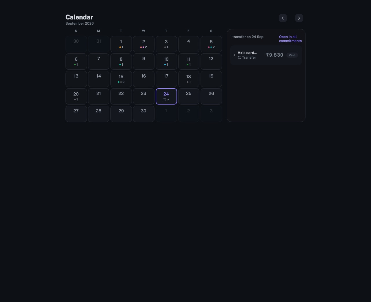 The Calendar of longbook on Mac for September 2026, with charges marked on their days and a panel for the selected day.