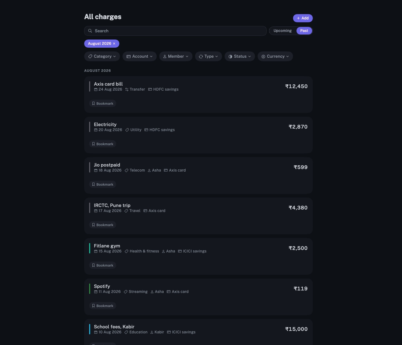 The All charges screen of longbook on Mac for August 2026: each charge with its date, category and account, and the card bill marked as a transfer.