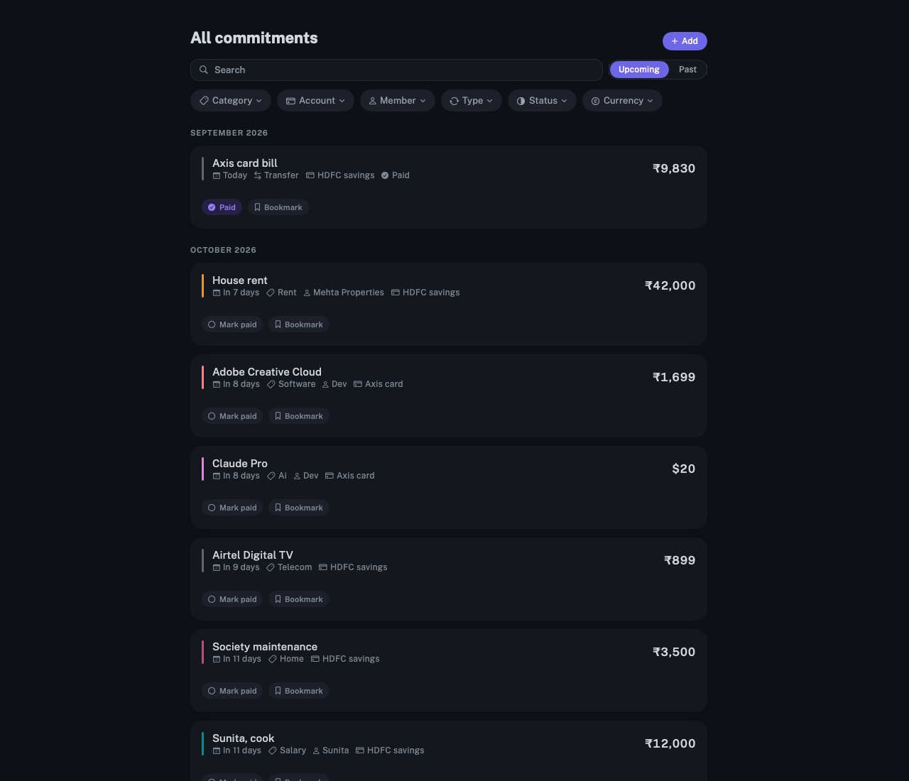 The All commitments screen of longbook on Mac: search, filters for category, account, member, type and status, commitments still to fill in, and every charge ahead grouped by month with Mark paid and Bookmark.