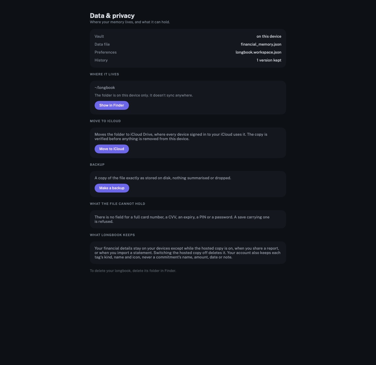 The Data & privacy settings of longbook on Mac: the data file, where the folder lives, Move to iCloud, a backup, and what the file cannot hold.