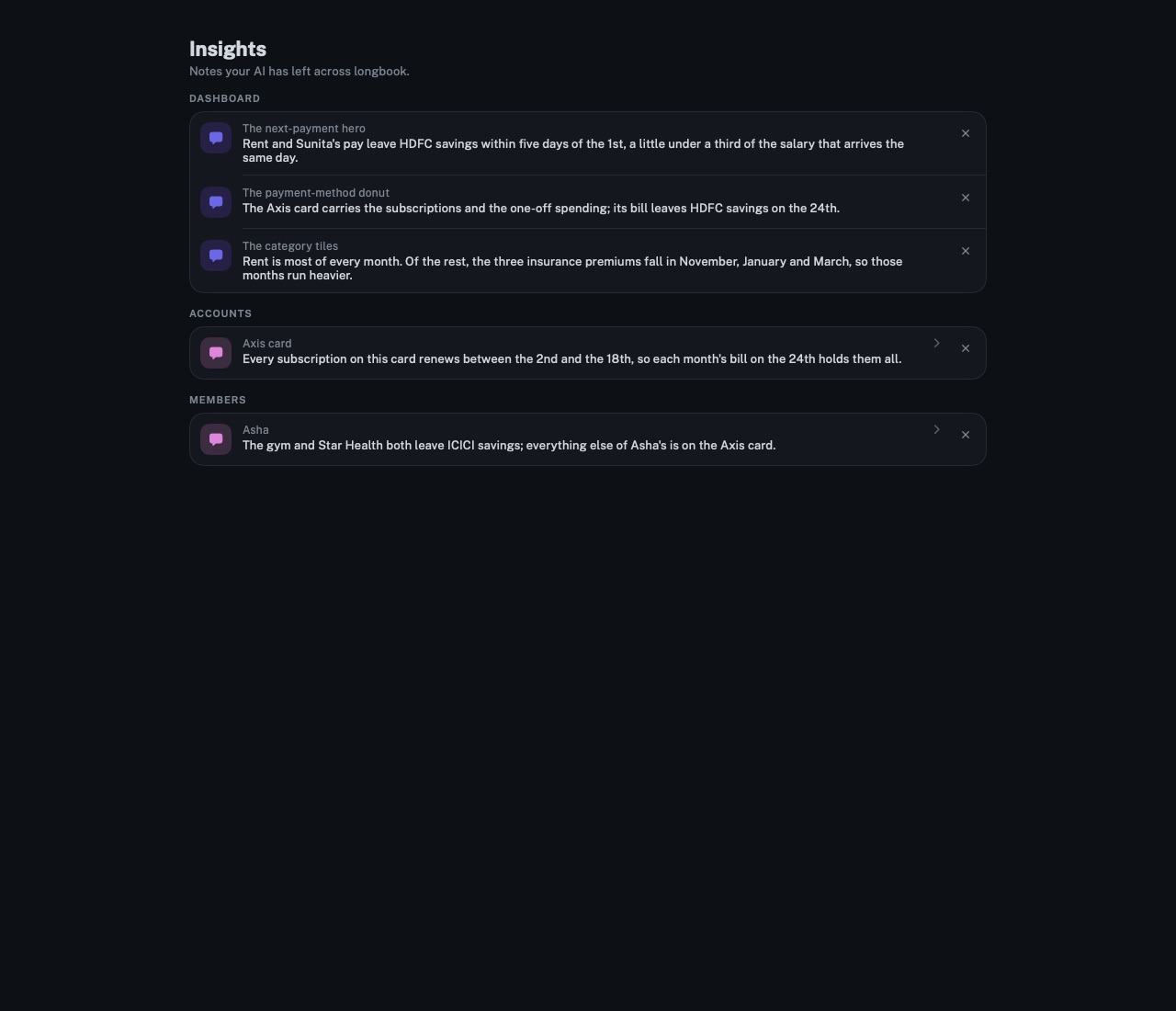 The Insights screen of longbook on Mac: the notes an AI has left on the dashboard, an account and a member.