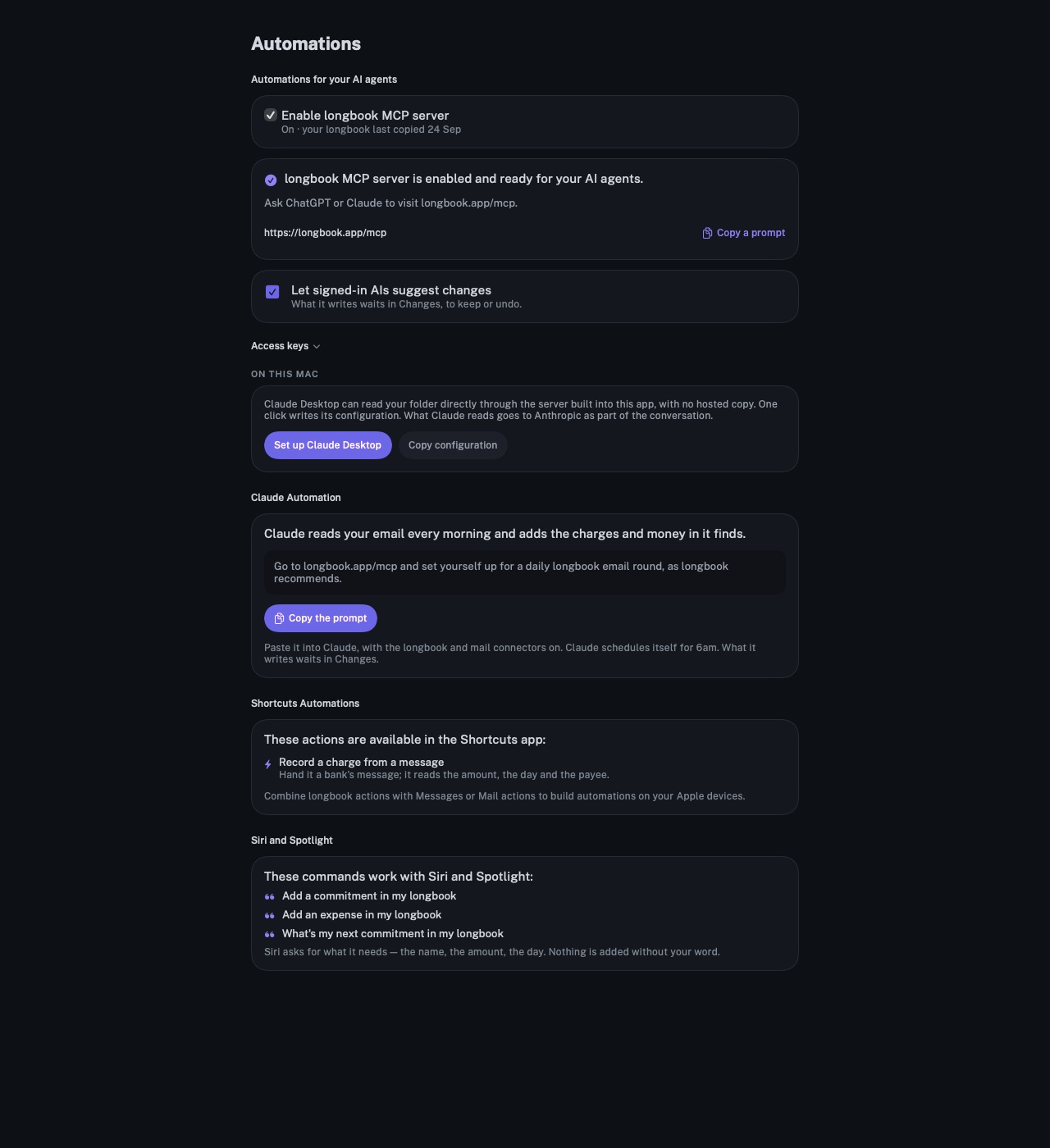 The Automations screen of longbook on Mac with the MCP server on: a hosted copy for AI connectors, AI suggestions, and one-click setup of Claude Desktop on the same Mac.