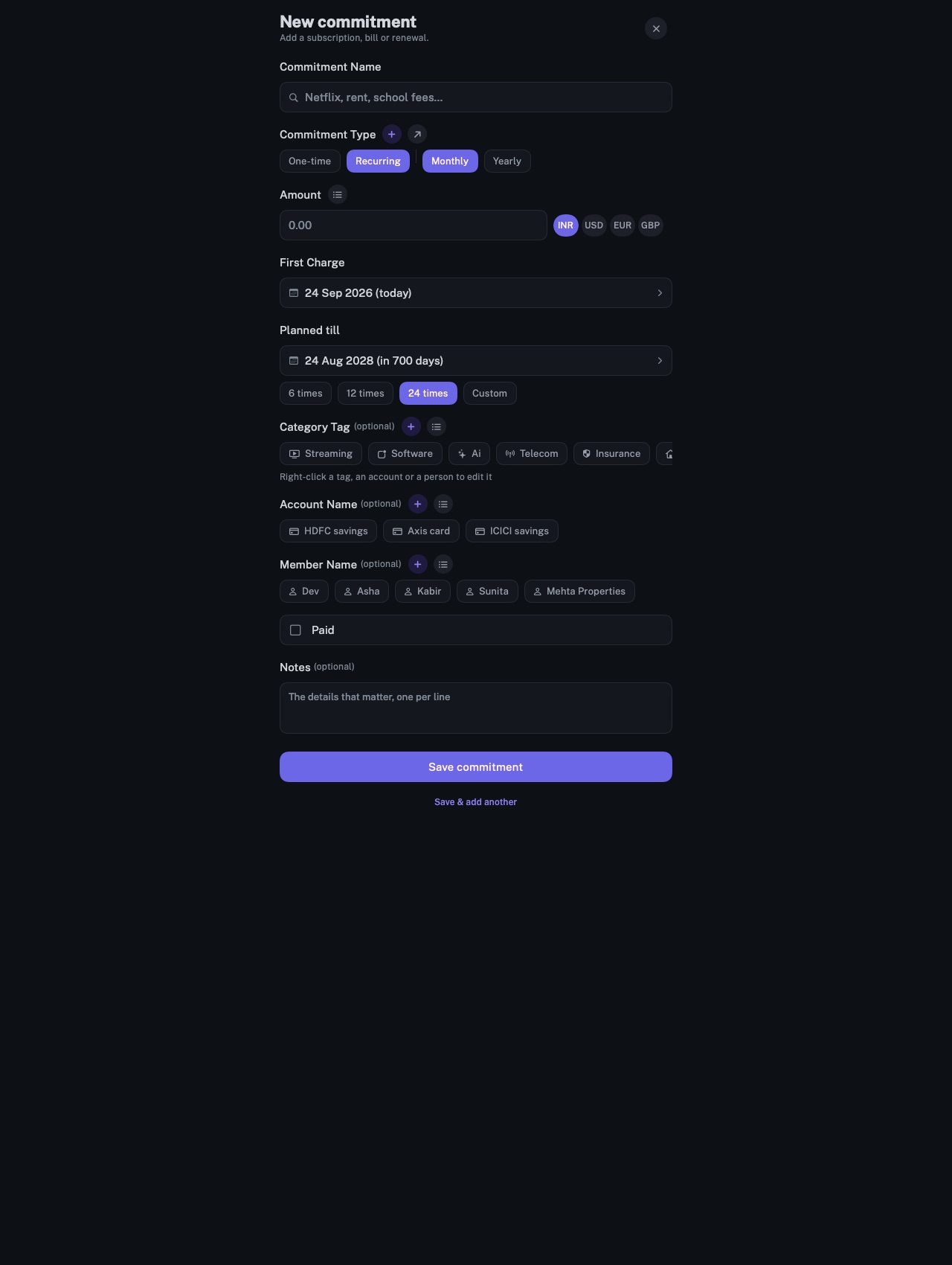 The New commitment form of longbook on Mac: name, one-time or recurring, the amount in INR, USD, EUR or GBP, the first charge, how far ahead it is planned, a category, an account, a member and notes.