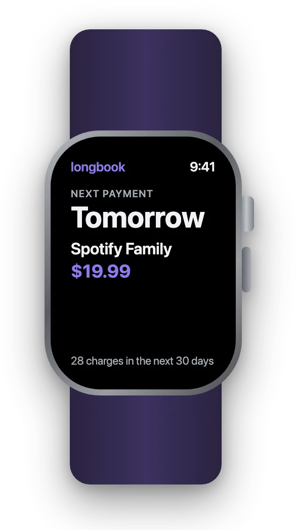A design of longbook's next payment on an Apple Watch