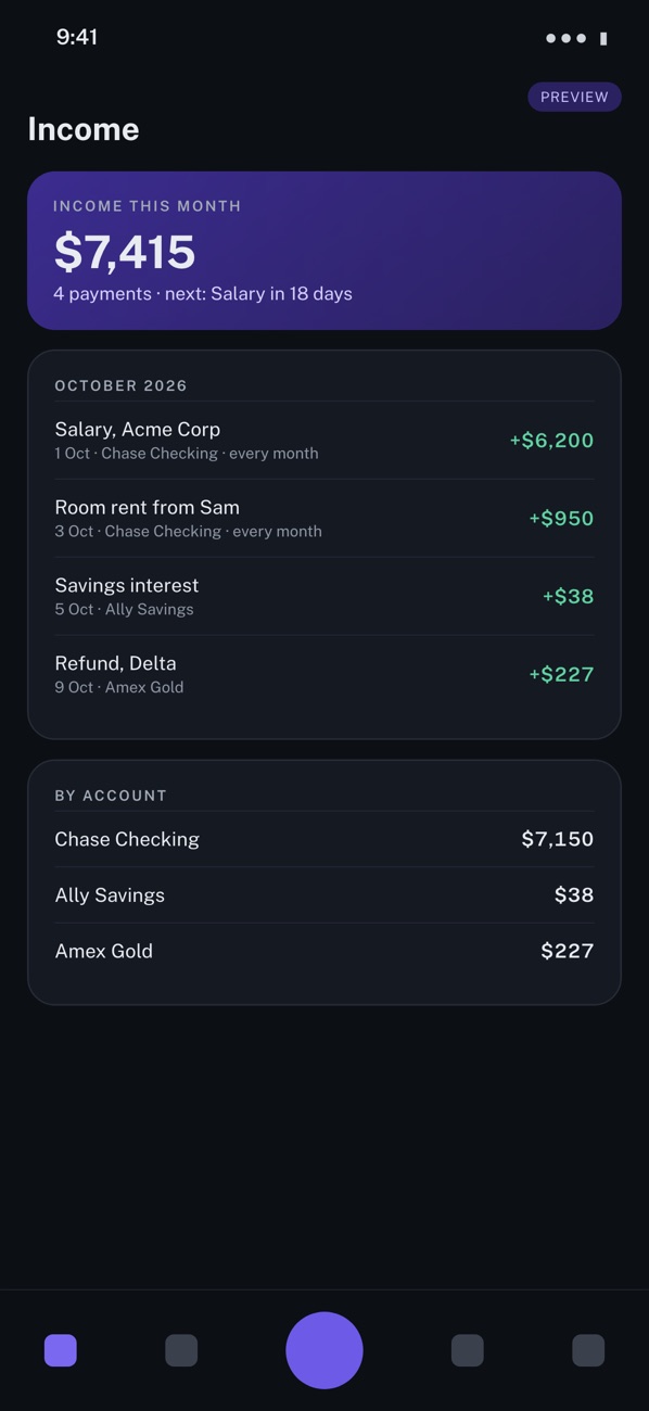 A design of the Income screen: a month of payments that came in, with salary, rent, interest and a refund, and a total by account.