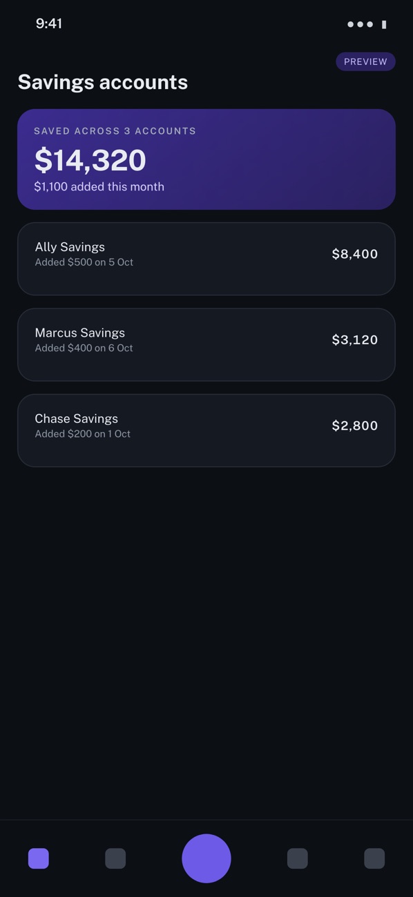 A design of the Savings accounts screen: the total saved across three savings accounts, and what was added to each this month.