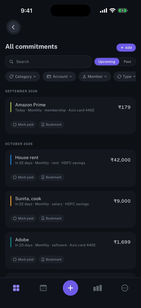 All commitments on iPhone: Every commitment by month, with how often it repeats and the account that pays it.