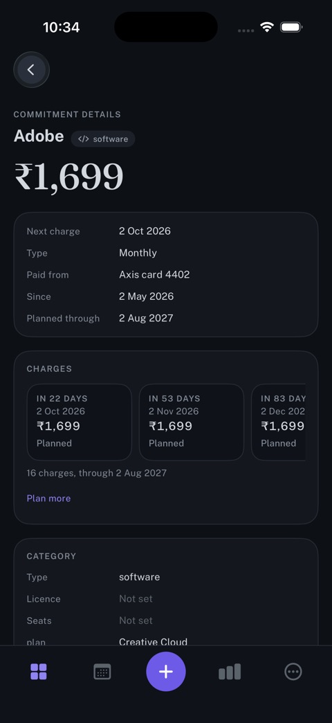 Commitment details on iPhone: One commitment in full: the amount, the cycle, the account, and each charge planned ahead.