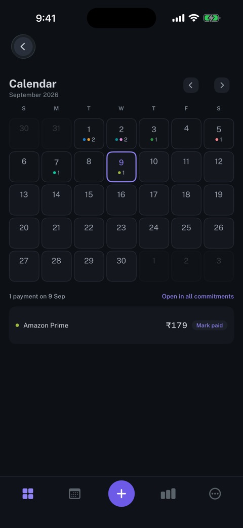 Calendar on iPhone: The month at a glance, and the payments that fall on the chosen day.