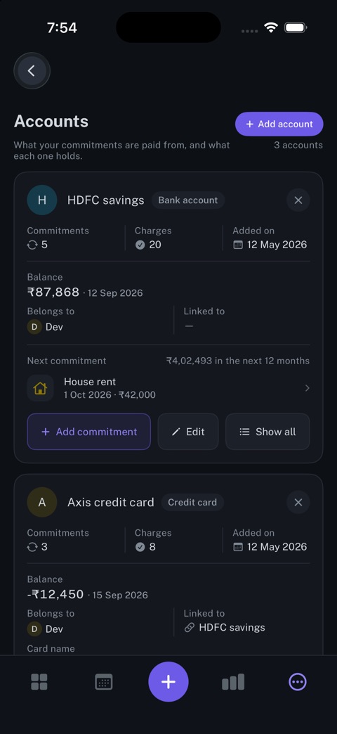 Accounts on iPhone: Each bank account and card, with its balance, its owner and the commitments it pays.