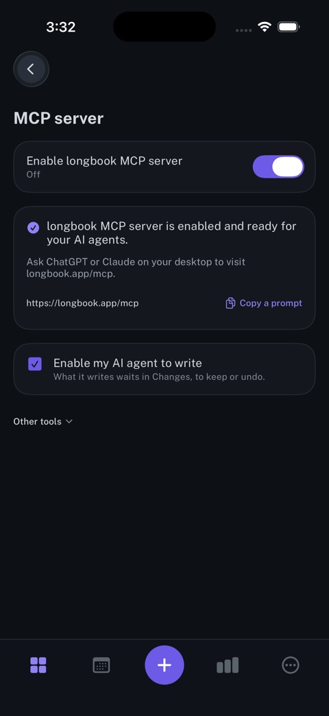 MCP server on iPhone: The switch that lets Claude or ChatGPT read your longbook, and write to it if you allow.
