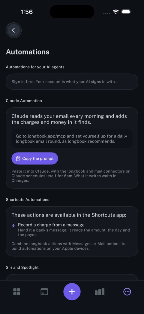 Automations on iPhone: A prompt that has Claude read your email each morning and add the charges it finds.