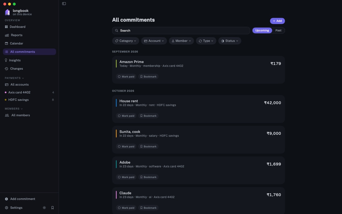 All commitments on Mac: Search, and filter by category, account, member, type or status.