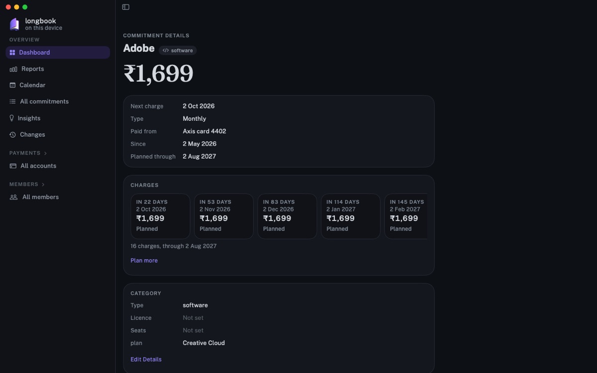 Commitment details on Mac: One commitment in full beside the sidebar, with its planned charges and category.