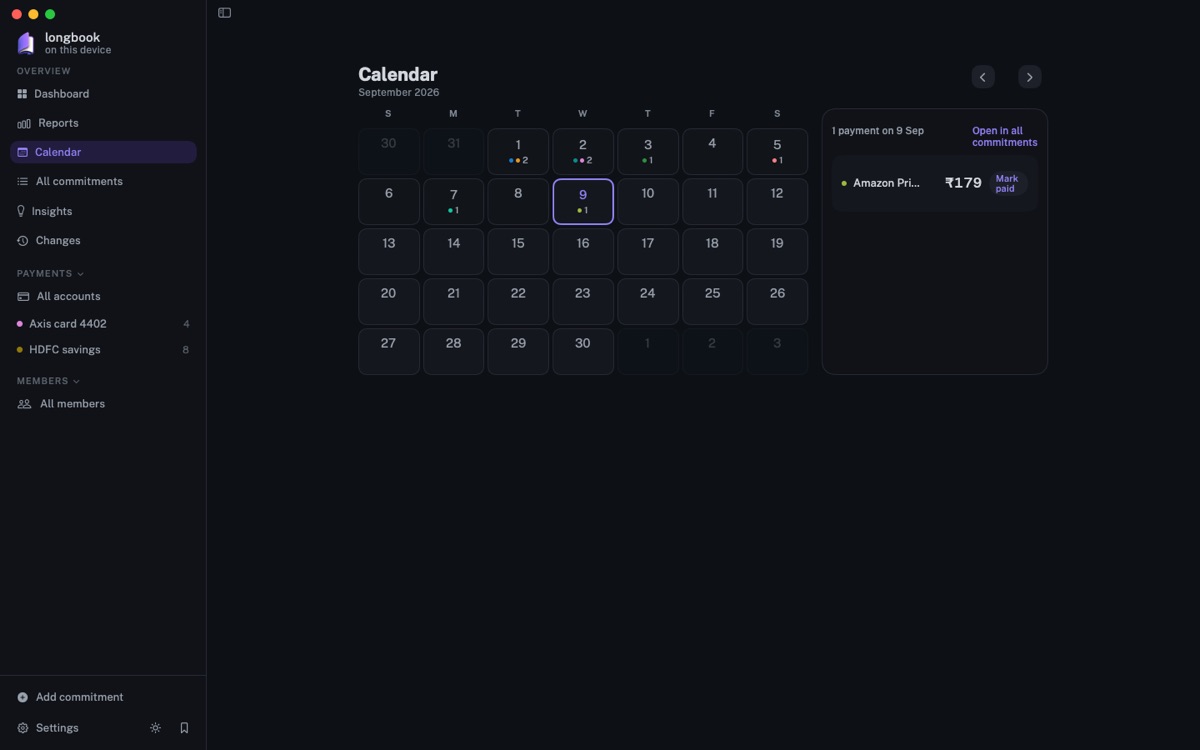 Calendar on Mac: The month, with the payments on the chosen day beside it.