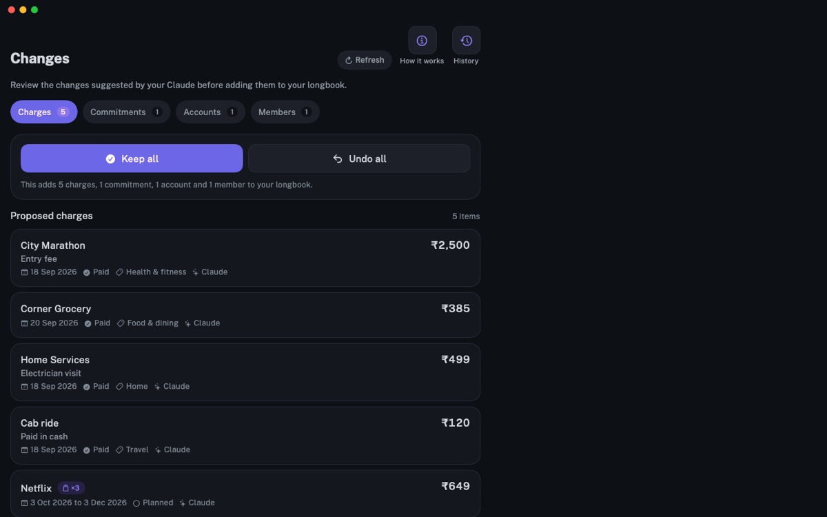 Changes on Mac: Proposed charges to keep or undo all at once, and every earlier version below.