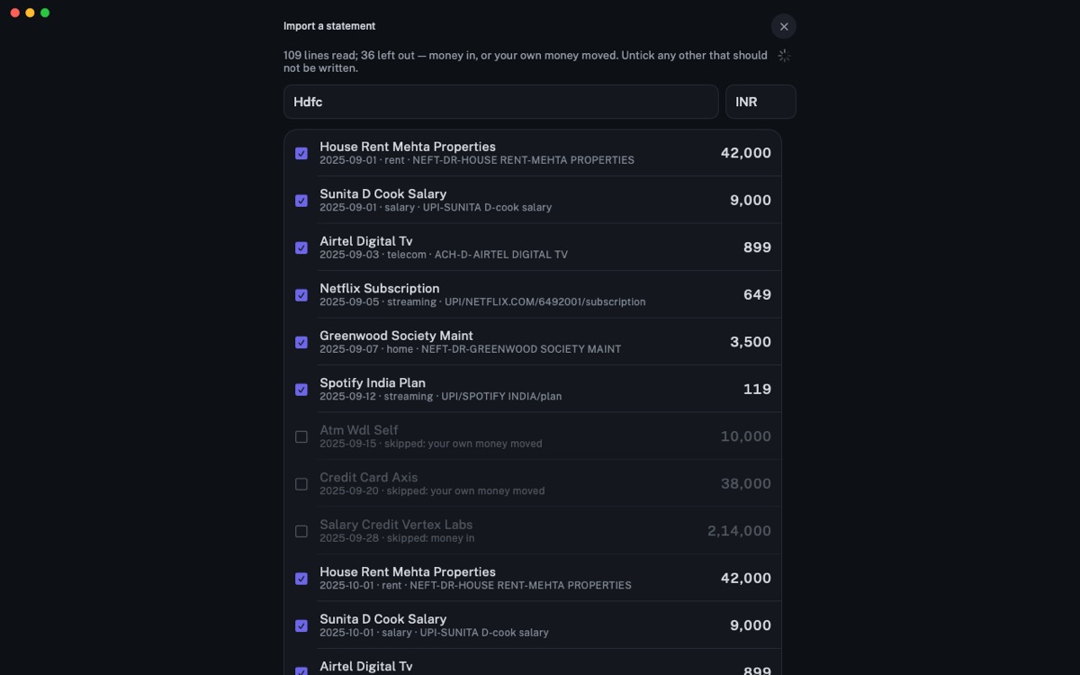 Import a statement on Mac: Every line of a statement read: money in and your own transfers are left out, the rest ticked to add.