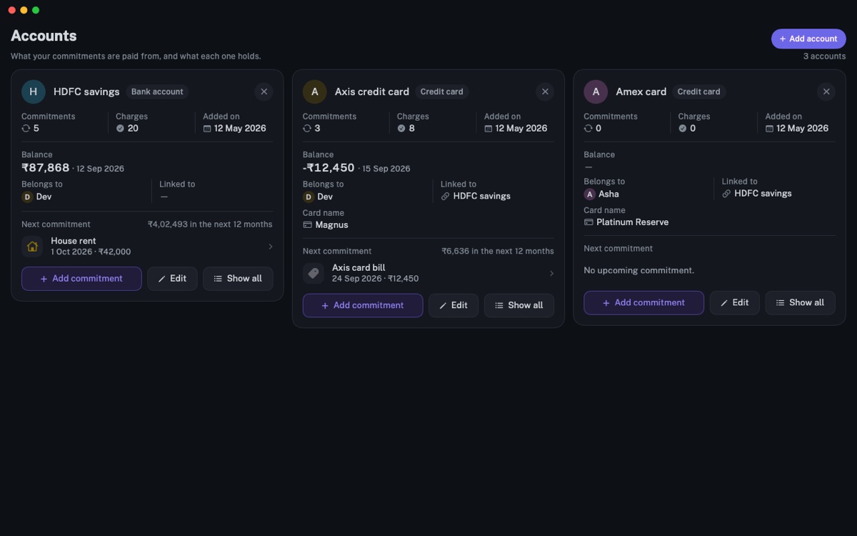 Accounts on Mac: Accounts side by side, with balances, owners and the cards linked to each.