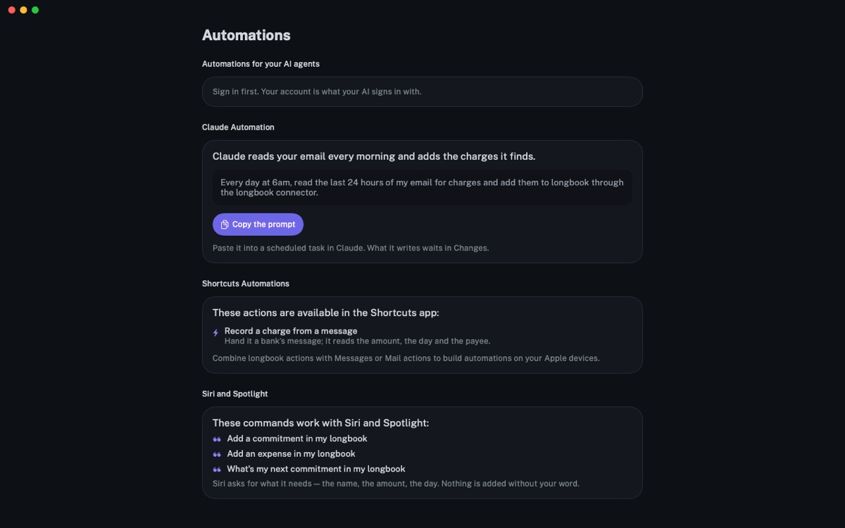 Automations on Mac: The morning email prompt for Claude, with Shortcuts actions and Siri commands.